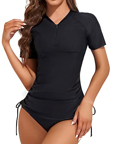 Short Sleeve Swim Shirt With Bottom Built In Bra Zipper Upf50 For