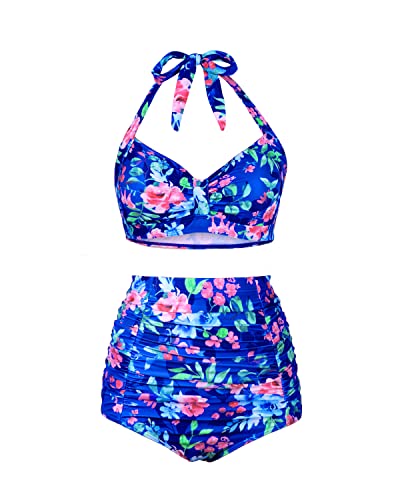 Two Piece Pin Up Design Women's Swimsuit High Waisted Bikini-Royal Blu ...