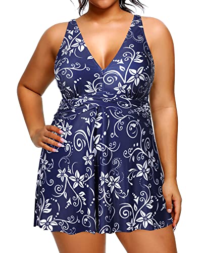 Slimming V Neck One Piece Swimdress For Big Bust Ladies-Navy Blue Flor ...